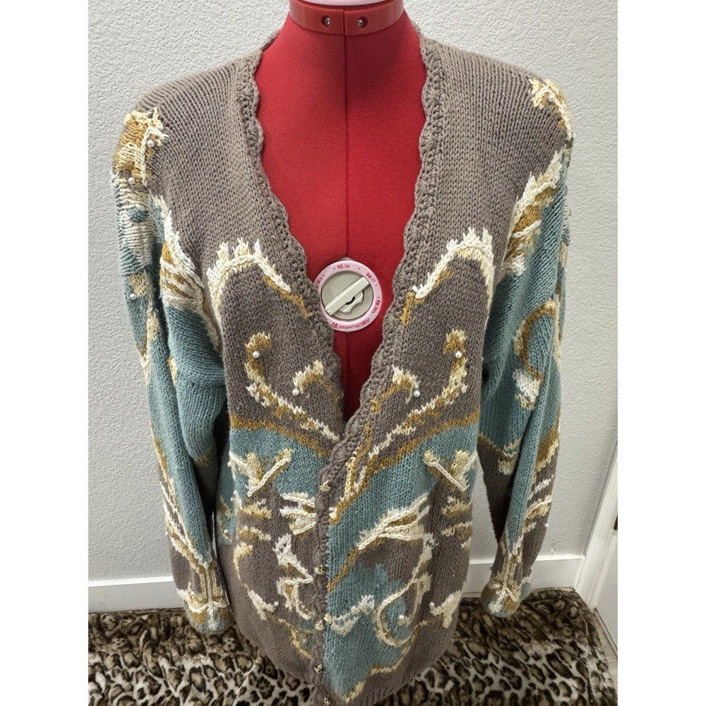 Vintage Cullinane Hand Knitted Cardigan Size Medium Shoulder Pads Grandma Pearls